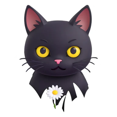3D iOS 18 style illustration of a cute black cat with big yellow eyes peeking out from a grassy field, a white daisy flower on its head, surrounded by scattered white and yellow flowers, modern, soft, playful look sticker