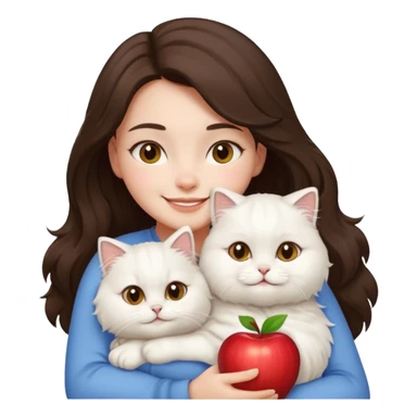 brunette girl hugging a fluffy white Persian cat, both smiling, apple emoji style sticker