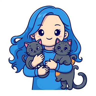 Girl with long wavy blue hair holding three cats, one black cat, one grey cat, and one grey-striped cat sticker