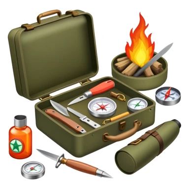 bushcraft survival kit with knife, compass, and fire starter sticker