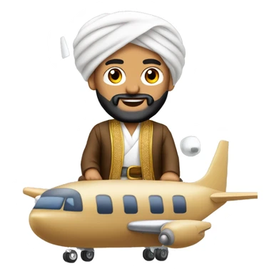turban Middle East man in traditional  outfit riding on top of tiny Boeing 737 sticker