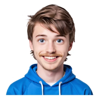 20 year old man, short scruffy beard and thin moustache, brown puffy mullet, blue eyes, big smile, white teeth, big lips, pronounced jaw, hair longer in back, sticking up on top, thin face, grey hooded sweatshirt, pale skin, big smile, blue eyes, puffy hair that is long in back sticker