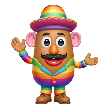 Create a 3D Pixar-style Mr. Potato Head character with a rounded, slightly uneven shape, expressive eyes, a wide smile, and cartoonish limbs, dressed in a colorful rainbow suit with intricate embroidery and a vibrant colorful hat sticker