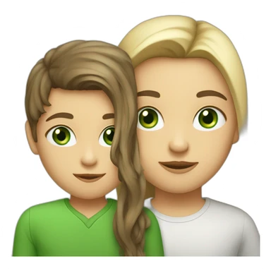 a blond boy with green eyes kisses a brunette girl with long straight hair and  green eyes on the cheek sticker