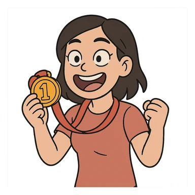 asian girl holding a medal, cartoon style, joyful expression sticker