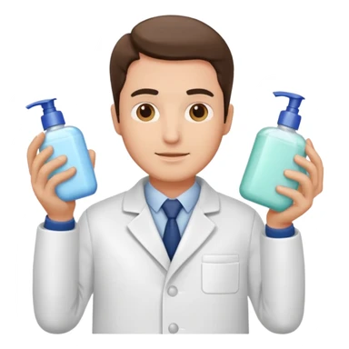 man with white coat holding skincare products sticker