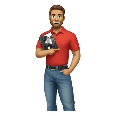 brunette man wearing red polo and baggy jeans looking at records sticker