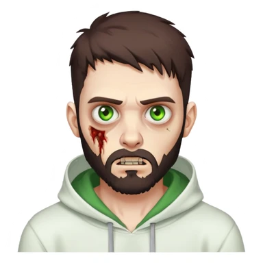 zombie pointing finger, undercut hairstyle with dark brown hair, short full beard, heterochromia with one green eye and one brown eye, wearing plain white hoodie sticker