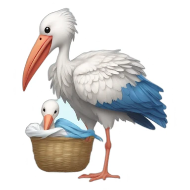 White stork carrying a blue bundle of cloth in its beak that has a human person cute baby with and the human baby head is peeking from the fabric bundle the strok is carrying with its beak sticker