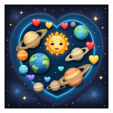 Solar system with heart-shaped planets orbiting a sun, colorful planets in the shape of hearts sticker
