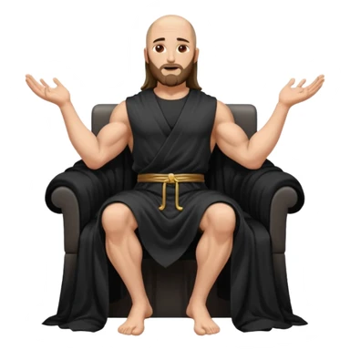 fullbody bald jesus christ jacked, sleeveless black robe sitting hands on armrests sticker