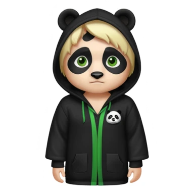 A white man with green eyes, medium-length blond hair, wearing a panda hoodie and black pajama-like robes. sticker