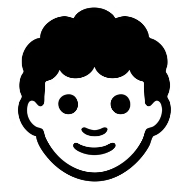 realistic stamp impression of a boy with curly hair, fully black and white, solid filled icon style sticker