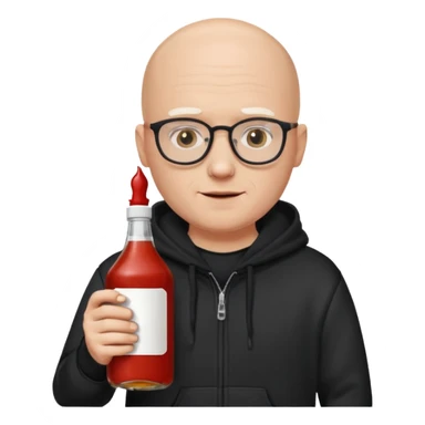 bald white guy with glasses, alopecia no eyebrows, wearing a black hoodie and black beanie, holding a bottle of ketchup in one hand and a bottle of whiskey in the other sticker
