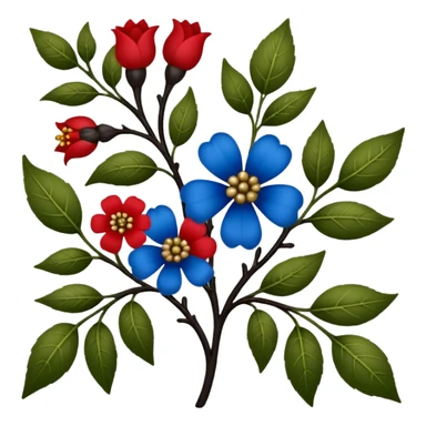 dull green leaves & red & blue flowers filigree design & small fruits& ebony branches, extremely detailed, complex design sticker
