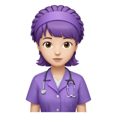 A young female slim nurse with short Brown hair with fringe over her forehead, wearing larvendar purple working cloth, show her hair style without any head wear sticker