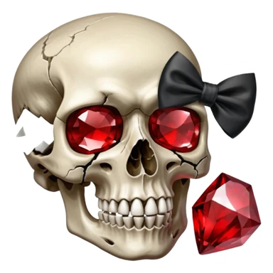 make me a red crystal skull partly see thew super gem like make it realistic and held together by a big black bow super realistic skull cracking all over the eyes are black and rotting  sticker