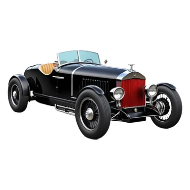 Blood stained Satanic Darth Vader black Bare bones (channeled cowl) drag racing and speed record modified (fenders removed) chopped streamlined sporty roadster that is a (stripped down) hot street rodded engine sports car 1932 Rolls Royce Woody futuristic  wide racing wheels sticker