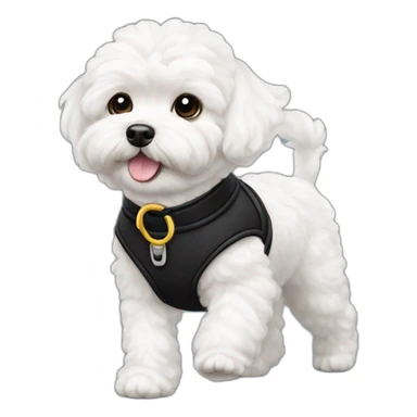White maltipoo walking with black collar sticker