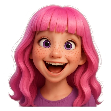 Redraw this character in a 3D Disney style with a joyful laughing expression, keeping the pink hair, purple eyes, and freckles. Reference the original likeness. The style should reflect a vibrant, detailed 3D Disney animation look with expressive features and soft shading. sticker