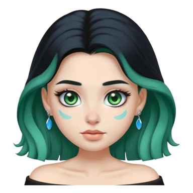 a soft, dolllike emoji girl with light sage green skin and big green-blue eyes, long black hair that swoops gently at the ends, a tiny silver nose stud and a eyebrow piercing on the left side. off the shoulder black top that shows her collarbones sticker
