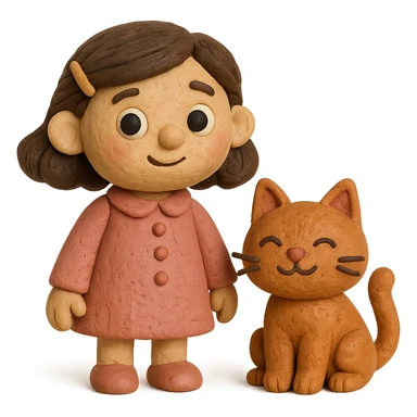 claymation style character with dark brown hair clipped back with a hairpin, sweet eyes, pink outfit, cat friend sticker