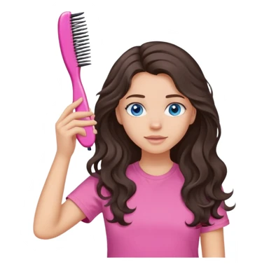 Девушка с голубыми глазами темно коричневыми длинными волнистыми волосами в розовой футболке держит расчесывает волосы sticker