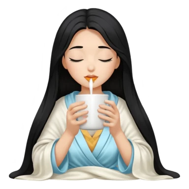 black hair girl long hair inside a white milky satin blanket sipping coffee in white mug eyes closed without coffee in mouth  sticker