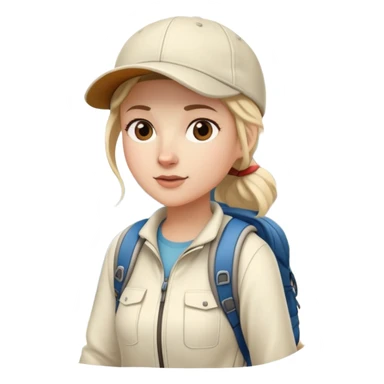 woman hiking on mountain trail cream clothes baseball cap sticker