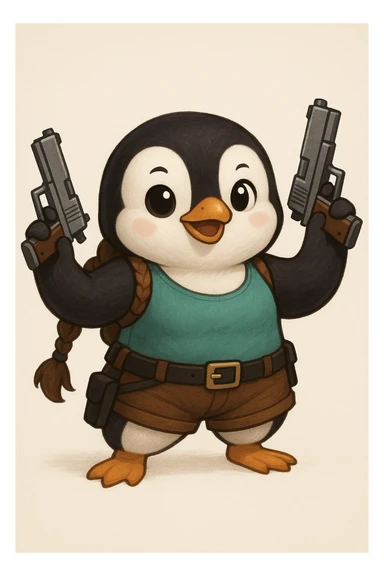 a penguin cosplaying as Lara Croft, with a teal tank top, brown shorts, and toy pistols sticker
