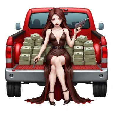 Lilith symbol red eye seductress evil long brown haired sexy succubus woman with leather long dress with slit on, sitting in Big Large F350 pickup truck. Platform long high heels on feet. Back seat full of stacks of cash, she is  Holding a man dead human skull of her enemies and a gun in other hand sticker