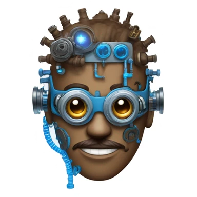 Brown cyborg head with blue Mohawk, blue beard, silver steampunk monocle goggles a smile and circuits sticker