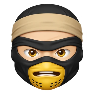 angry ninja face emoji, classic yellow emoji style, all black ninja mask, no mouth, furrowed brows, black ninja headband tie sticker