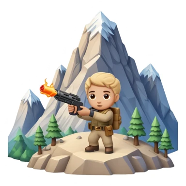 Little character holding a toy gun aiming at a mountain with tiny figures on it sticker