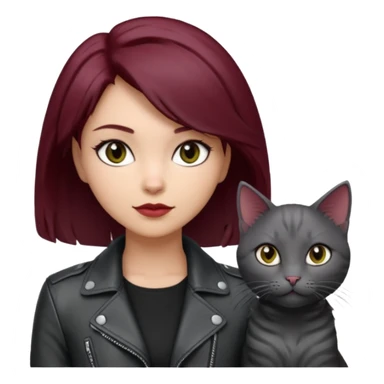 femme  yeux gris, cheveux court bordeaux, cuir noir, avec chat poils longs gris clair et chat poils ras noirs sticker