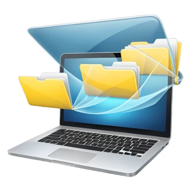 An open laptop with yellow folders containing data flying out. sticker