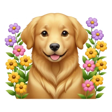A Golden Retriever sitting in a blooming flower garden, sunlight highlighting its shiny golden fur. Gentle expression, realistic photography, warm color tones. sticker