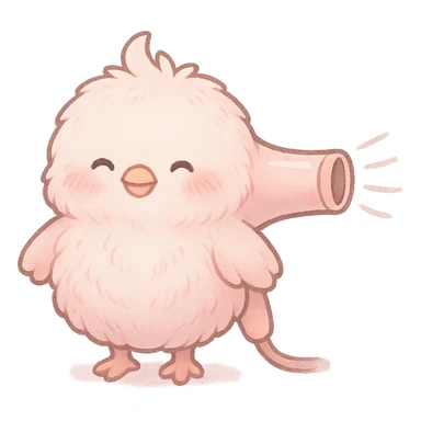 chibi style soft fluffy bird as a hair dryer, blowing gentle air, happy face, soft pink, full-body sticker