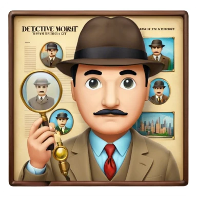Icon for Detective Movies: A colorful collage featuring Detective Poirot, with a magnifying glass, revolver and a mysterious city backdrop. Include a board with photos of suspects, fingerprints, and a crime scene. Retro movie poster style. Transparent background. sticker