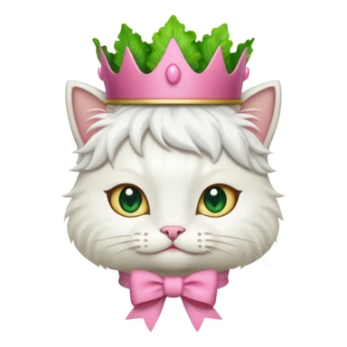 white cat with pink bow on neck and green lettuce crown, emoji style sticker