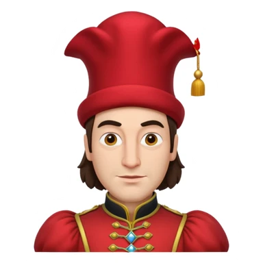 lord farquad avec un chapeau rouge plat sur le dessus, il a un vêtement rouge avec des manches bouffantes sticker