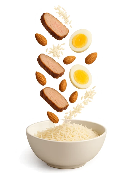 bowl bianca in cui cadono verticalmente fettine di carne, uova sode, mandorle e riso basmati sticker