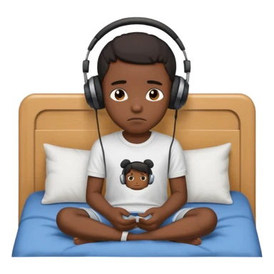 Sad black kid with headphones on sitting on a bed sticker