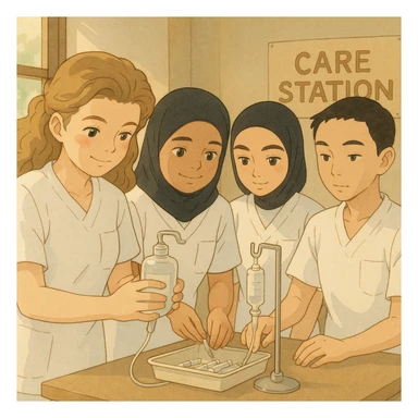 Same group of nursing students in Ghibli style preparing medical equipment in the care station. They wear short-sleeved white uniforms with V-neck, left chest pocket, no stand-up collar, no stethoscopes, and nothing protrudes from the sleeves. sticker