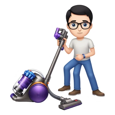 Man with black hair and blue eyes with glasses using a dyson on the floor sticker