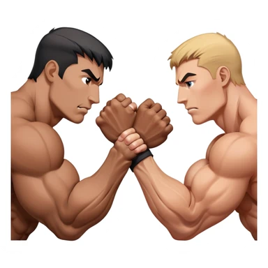 Two hands locked in an intense arm wrestling match, muscles straining as they battle for dominance. The background is minimal, focusing on the power and tension of the gripping hands, showcasing strength and determination. Transparent background. sticker