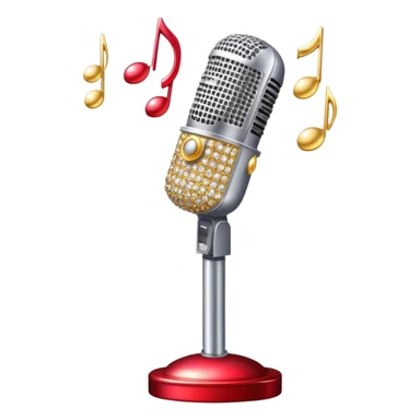 Create a glamorous and eye-catching emoji representing stage vocals, featuring a vintage stage microphone as the central element. Surround the microphone with a vibrant, sparkling stage costume covered in rhinestones, capturing the essence of a classic stage performance. The costume should be flashy, with shiny accents and a dazzling effect to evoke the energy and elegance of a live performance. Add subtle musical notes floating around to emphasize the connection to singing. Use bright, bold colors like gold, silver, and deep reds, along with glittering details to create a luxurious and dynamic atmosphere. The background should be transparent. sticker