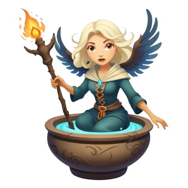Baba Yaga sorceress woman flying in a mortar, magical aura sticker