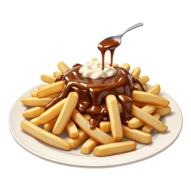 poutine, québec, white cheese curds with gravy on fries in a white plate sticker