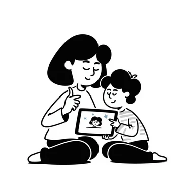 parent and child using a tablet, hand-drawn doodle style, playful lines, white background sticker